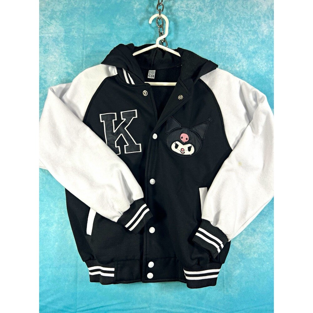 C&H Men's Black/White Hooded Varsity Jacket Snap Button Pockets Sanrio L